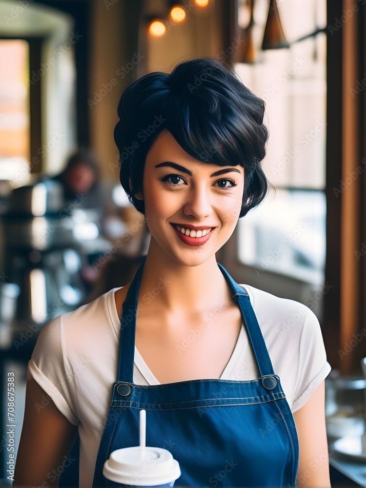 A smiling girl with short black hair wearing an apron working in a cafe, serving a take away cup of coffee : Waitress holding a cup of coffee on hand, serving to customer A smiling girl with short black hair wearing an apron working in a cafe, serving a take away cup of coffee : Waitress holding a cup of coffee on hand, serving to customer