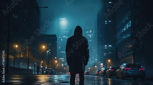 A hooded man walks through a de-energized city. Blackout. The electricity is turned off. Night. Without light. The view from the back.