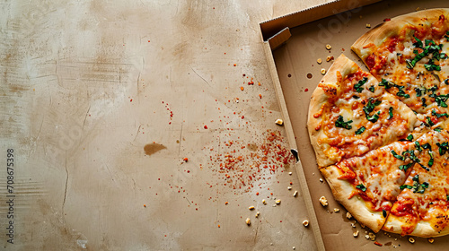 A cardboard pizza box with leftover pizza sits on the table. photo