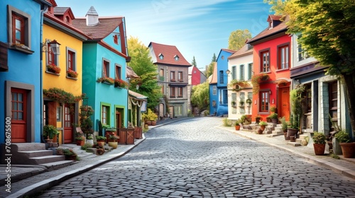 "A winding cobblestone street lined with quaint, colorful houses, exuding timeless charm."