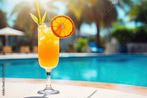 Refreshing Orange Cocktail by the Pool with Tropical Background