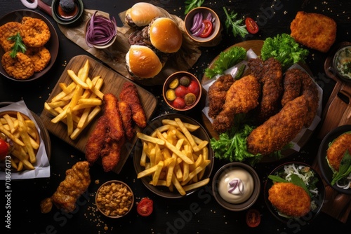 Assorted Fast Food Feast on a Dark Background