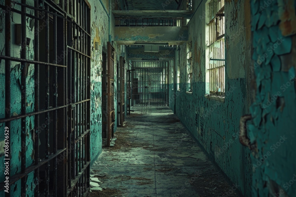 A long hallway with a row of bars. Perfect for illustrating confinement or imprisonment