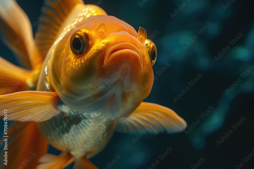 A close-up photograph of a goldfish swimming in a tank. This image can be used to depict aquatic life or as a visual element in educational materials