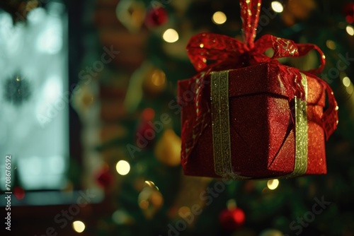 A red gift box hanging from a Christmas tree. Perfect for holiday decorations or gifting ideas