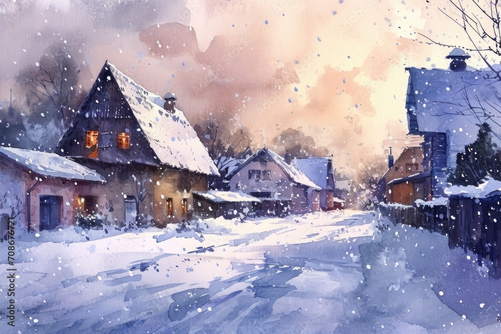 A beautiful watercolor painting of a snowy village. Perfect for winter-themed designs and holiday decorations