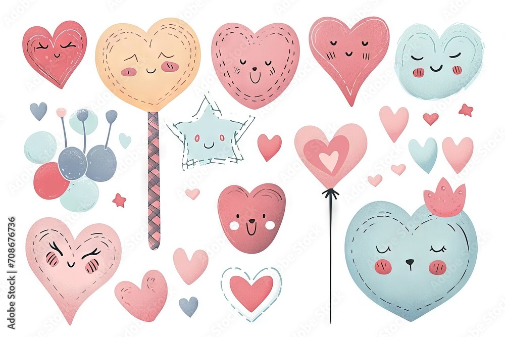 Minimalism and abstract cartoon pattern, vector very cute kawaii and charming valentine clipart, organic forms, desaturated light and airy pastel color palette, nursery art, white background.