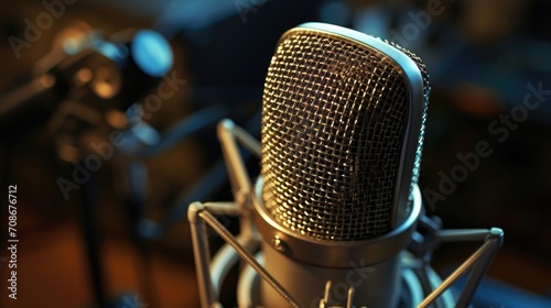 A close up view of a microphone in a recording studio. This picture can be used to depict the process of recording audio or music in a professional setting