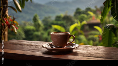 Cup of coffee with a coffe plantation in the background