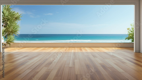 Empty balcony with wood floor with Caribbean sea view