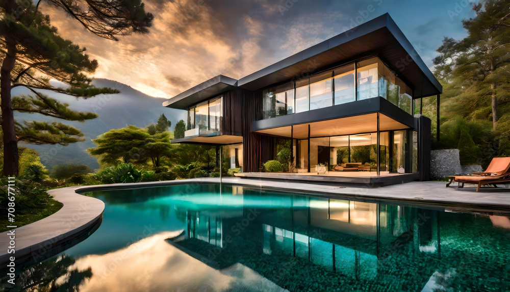 Contemporary house with pool, Modern exterior of a luxury villa in a minimal style.