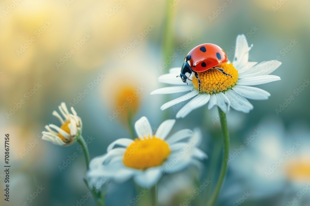 A ladybug perched delicately on a beautiful white flower. Perfect for nature lovers and garden enthusiasts