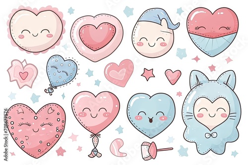 Minimalism and abstract cartoon pattern, vector very cute kawaii and charming valentine clipart, organic forms, desaturated light and airy pastel color palette, nursery art, white background.