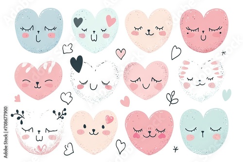 Minimalism and abstract cartoon pattern, vector very cute kawaii valentine clipart, organic forms, desaturated light and airy pastel color palette, nursery art, white background.