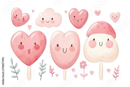 Minimalism and abstract cartoon pattern, vector very cute kawaii valentine clipart, organic forms, desaturated light and airy pastel color palette, nursery art, white background.