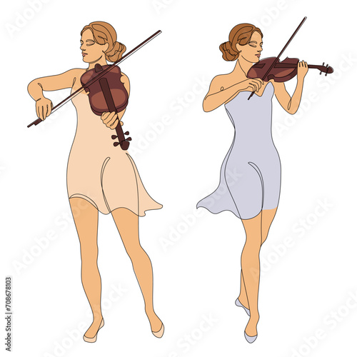 Collection. Silhouette of a beautiful woman with a violin in a modern continuous line style. Girl violinist, slender. Continuous line drawing, outline, stickers, logo. Vector illustration set.