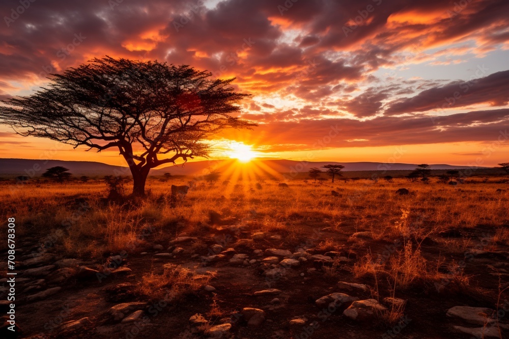the savanna's sunrise, emphasizing the warmth of the golden rays and the cool, crisp air as the day begins