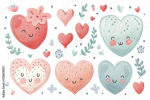 Minimalism and abstract vector very cute kawaii valentine clipart, organic forms, desaturated light and airy pastel color palette, nursery art, white background.