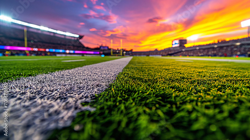 empty American football field at sunset, with vibrant orange skies above and bright stadium lights turning on for the night