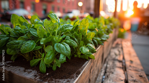 fresh spinach growing in a wooden planter box on a city street at sunset, with buildings and a warm glow in the background