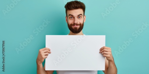 Handsome caucasian man holding blank poster with sign Generative AI