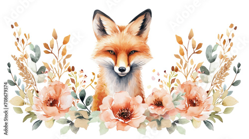 red fox cute feminine in flower floral frame abstract watercolor illustration painting drawing in pastel colors for poster sticker  photo