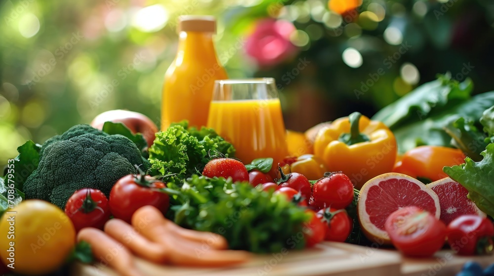 A collection of various fresh fruits and vegetables arranged neatly on a table. Perfect for healthy eating concepts and food-related designs A collection of various fresh fruits and vegetables arranged neatly on a table. Perfect for healthy eating concepts and food-related designs