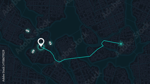 Pick up taxi. Passenger location sharing for taxi driver. Gps map navigation. Detailed view of city or horizontal map. City top view. Online navigation. Editable vector illustration