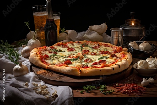 Sicilian pizza close-up, delicious fresh pizza on a wooden table