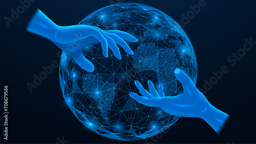 Outstretched hands to each other. Planet Earth, a global network.