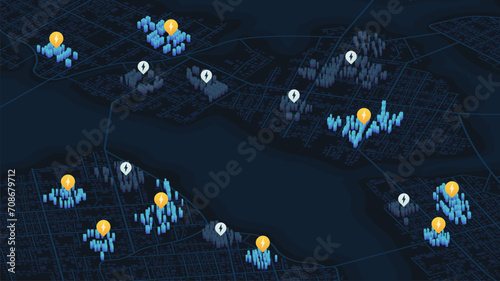 Zones without electricity for visual distinction energy networks. Visualization of power distribution, outage areas. Top view distinct city districts connected to the power grid. Isometric vector