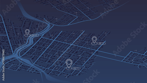 Location data on an abstract map. Designated territories. Graphic visualization background data on map graph. Abstract vector map of roads with data on top of it. Editable isometric illustration.
