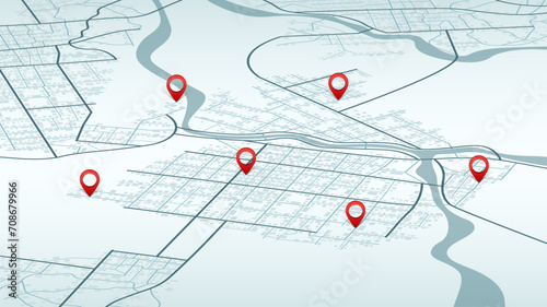 Concept of your location on map. Location tracks dashboard. Generic city map with signs of streets, roads, house. Navigation to poi. Simple scheme of isometric city. Vector illustration, background