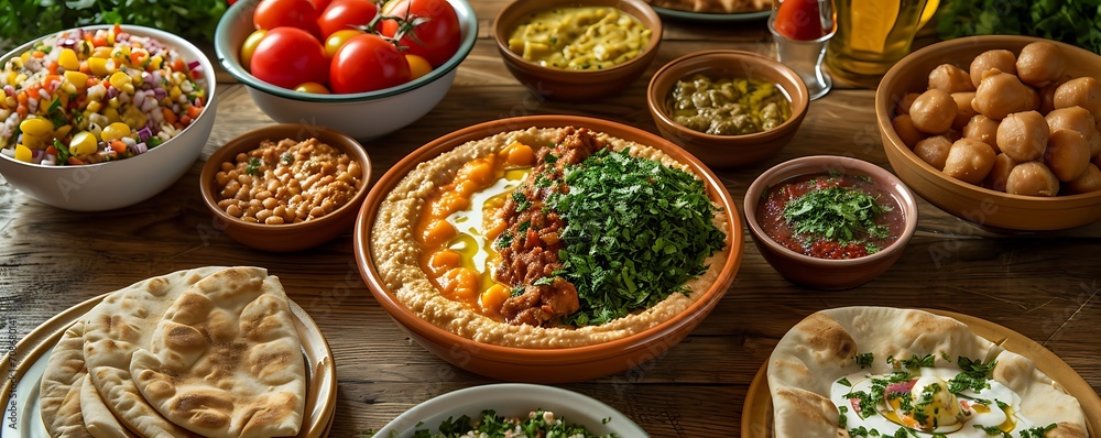 A well-arranged breakfast spread with items like Ful Medames, Pita Bread, and Labneh
