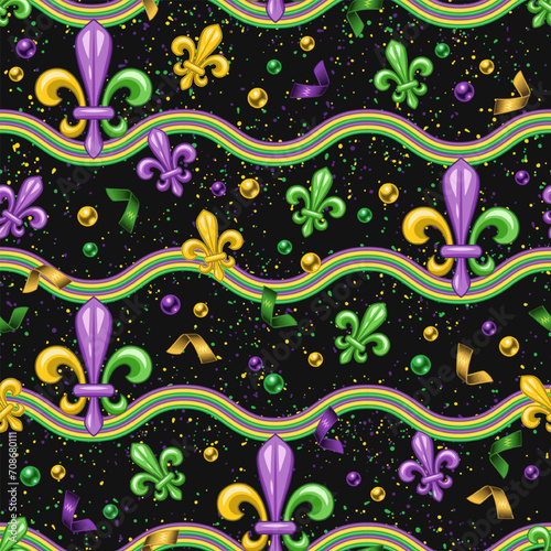 Mardi Gras seamless pattern with horizontal wavy stripes, scattered Fleur de Lis sign, confetti, beads, glitter. Vintage illustration for prints, wrapping paper, holiday goods decoration