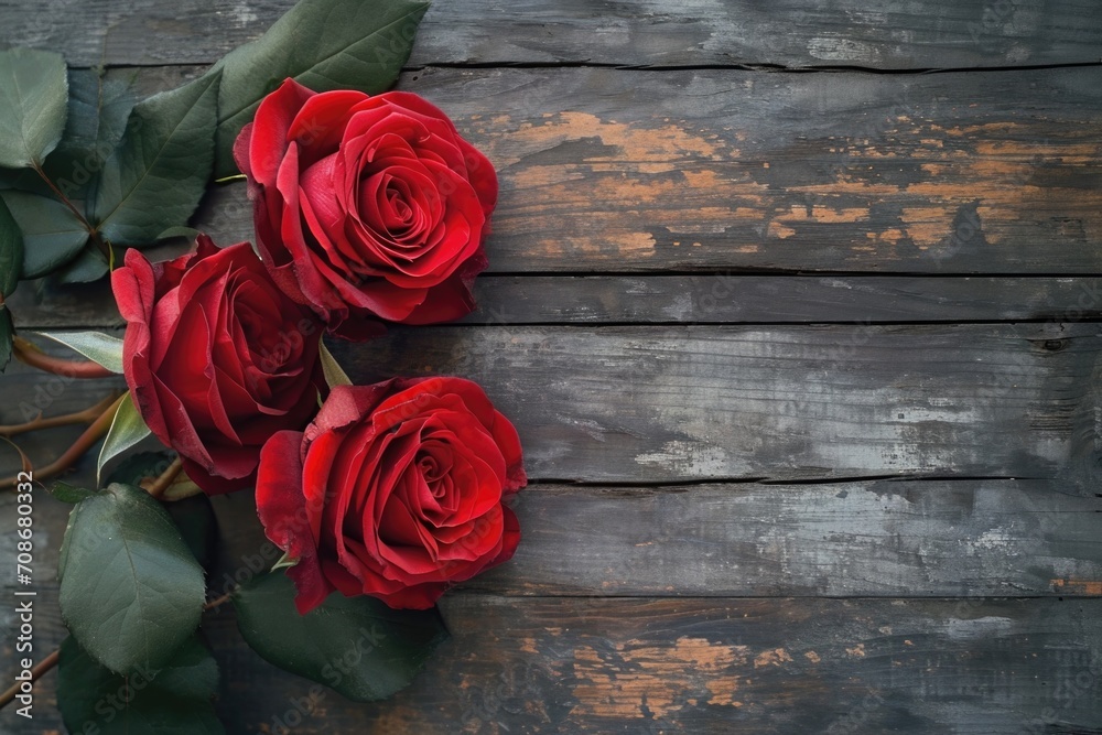 A beautiful arrangement of red roses placed on a rustic wooden table. Perfect for adding a touch of elegance to any setting