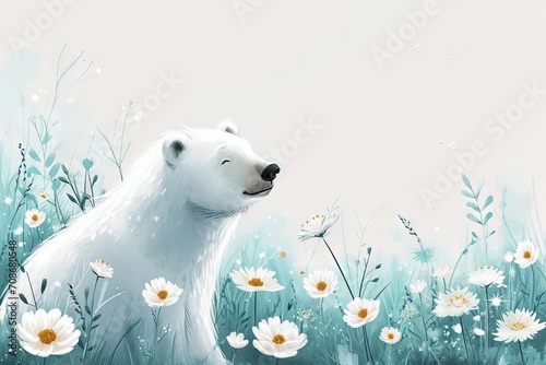 Minimalism and abstract cartoon cute polar bear happy. Minimalistic floral background around the polar bear, boho style, vintage watercolor. 