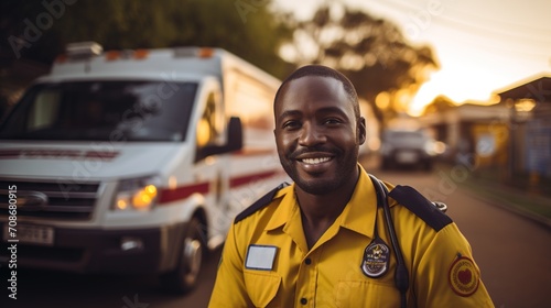 Portrait of a smiling African American male paramedic in front of an ambulance photo