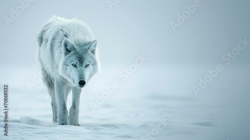 wide angle view full body far away an arctic wolf in snow photo
