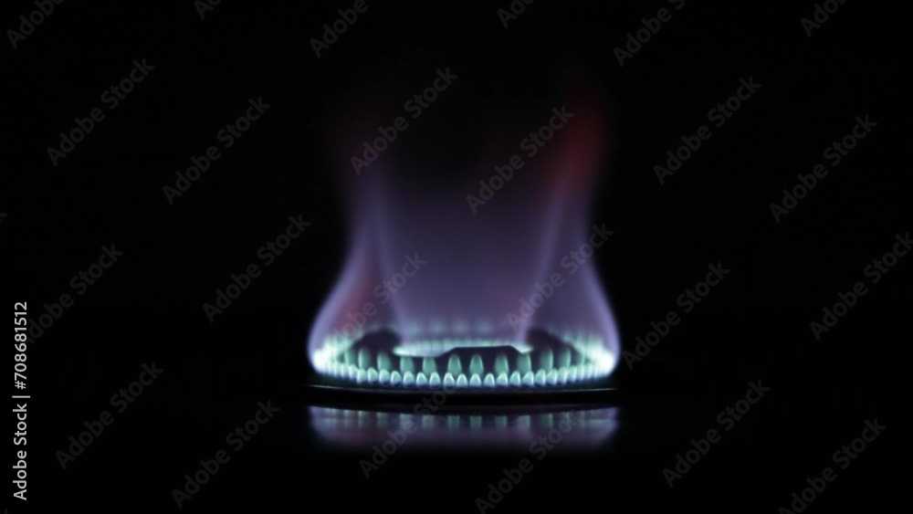 Gas Stove burner blue flame in dark natural gas blue flame gas