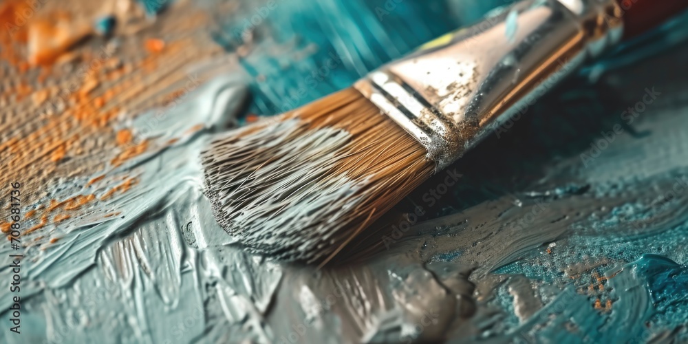A detailed close-up of a paint brush on a paint palette. This versatile image can be used for various creative projects A detailed close-up of a paint brush on a paint palette. This versatile image can be used for various creative projects