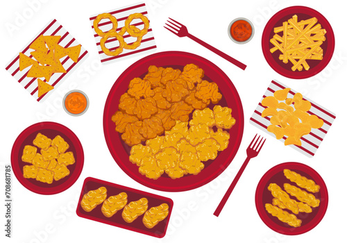 Set of delicious fast food illustrations. Fried chicken bucket. Fried chicken legs. Cute chicken cartoon style. Isolated on a white background for poster design, and advertisement.