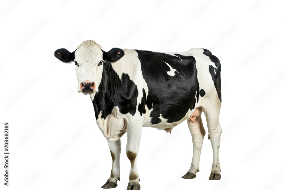 Upright cow isolated on white background.