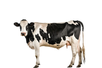 Upright black and white cow isolated on white background