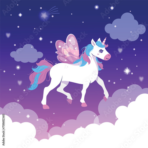 Unicorn and stars.  Cute cartoon happy character unicorn vector illustration. Happy Valentine s day  Kid invitation with unicorn  rainbow  star  heart. Cute unicorn floating in the sky.