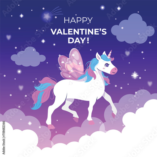 Happy Unicorn and stars. Cute cartoon happy character unicorn vector illustration. Happy Valentine's day! Kid invitation with unicorn, rainbow, star, heart. Cute unicorn floating in the sky.