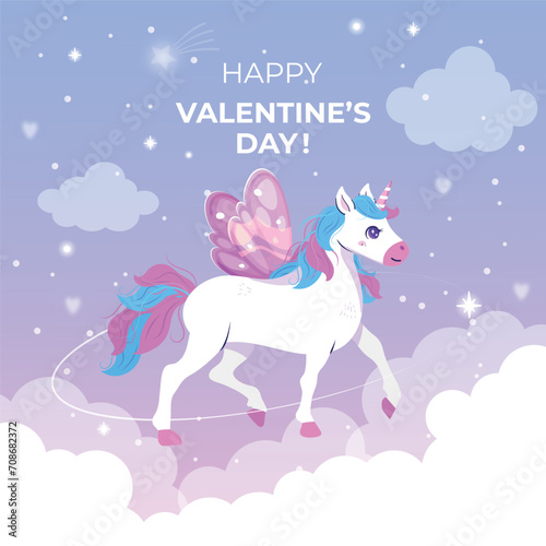  Cute cartoon happy character unicorn vector illustration. Happy Valentine s day  Kid invitation with unicorn  rainbow  star  heart. Cute unicorn floating in the sky.