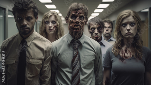 group of scary zombie people in hospital.