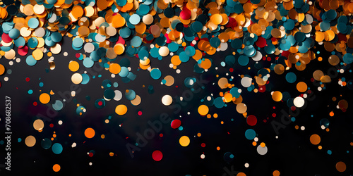 Confetti of various colors on dark blue background