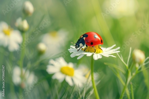A ladybug perched on a beautiful white flower. Perfect for nature enthusiasts and garden-themed designs